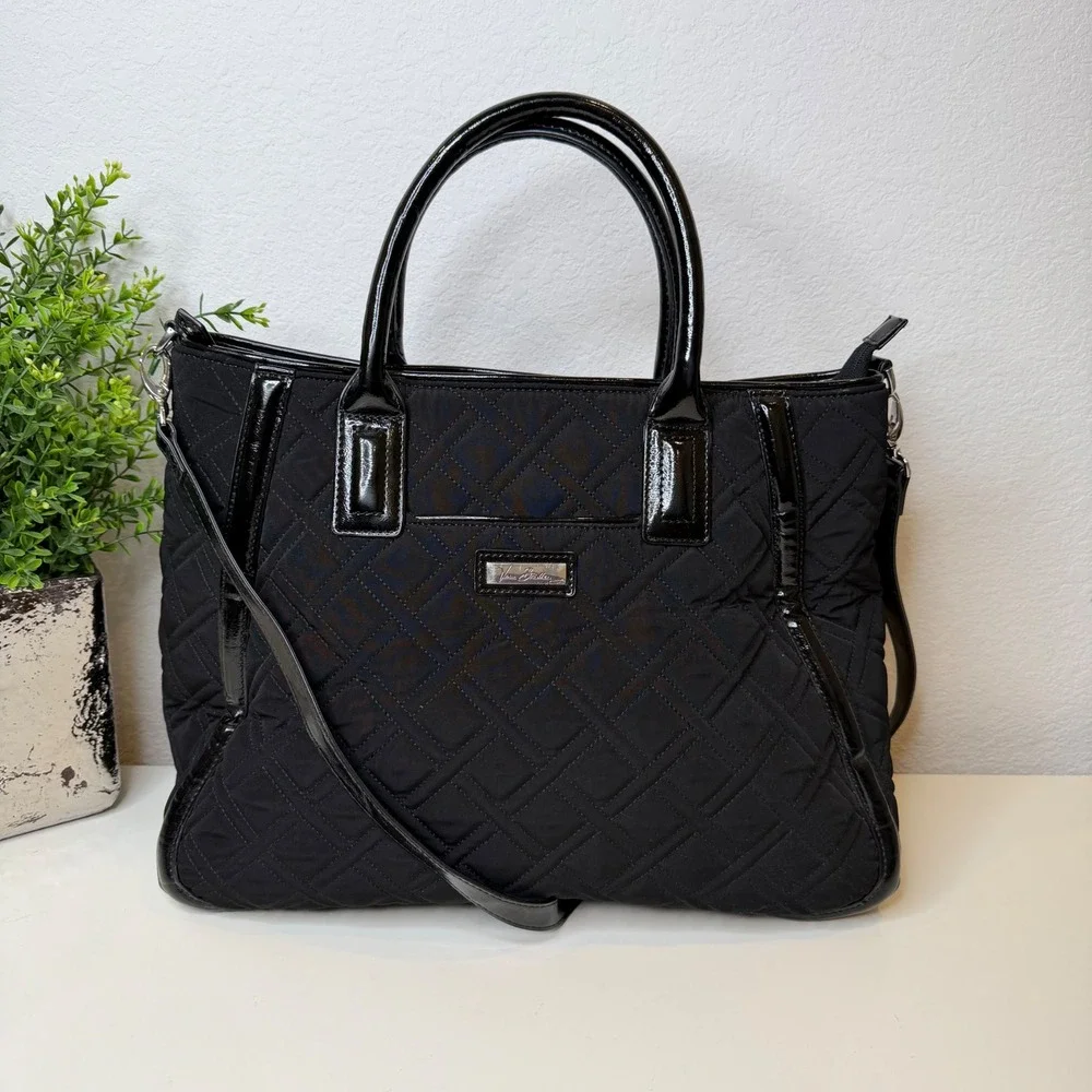 Vera Bradley Trapeze Tote Bag Women Black Quilted Patent Trim Classic Minimalist